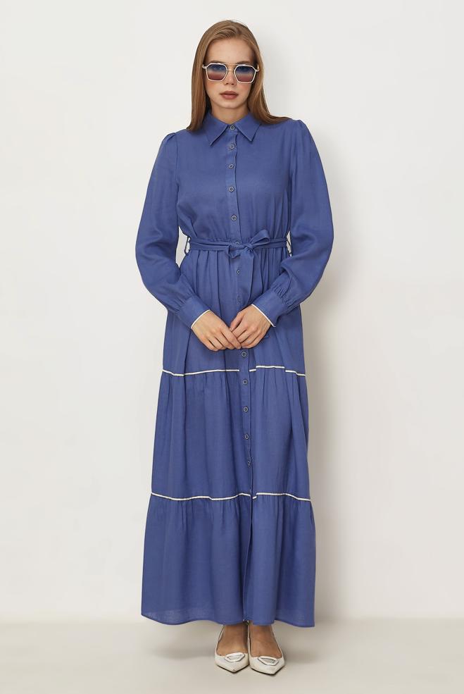 Hijab-Kleidung NAVY BLAU HEMDKRAGEN-KLEID MIT GÜRTEL 46461 - ALVİNA