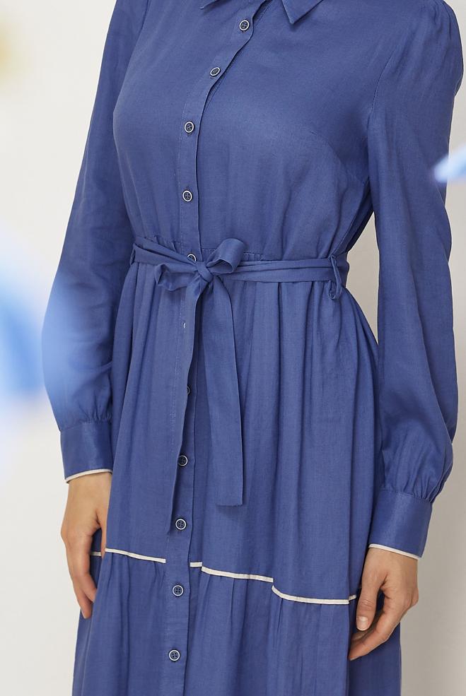 Hijab-Kleidung NAVY BLAU HEMDKRAGEN-KLEID MIT GÜRTEL 46461 - ALVİNA