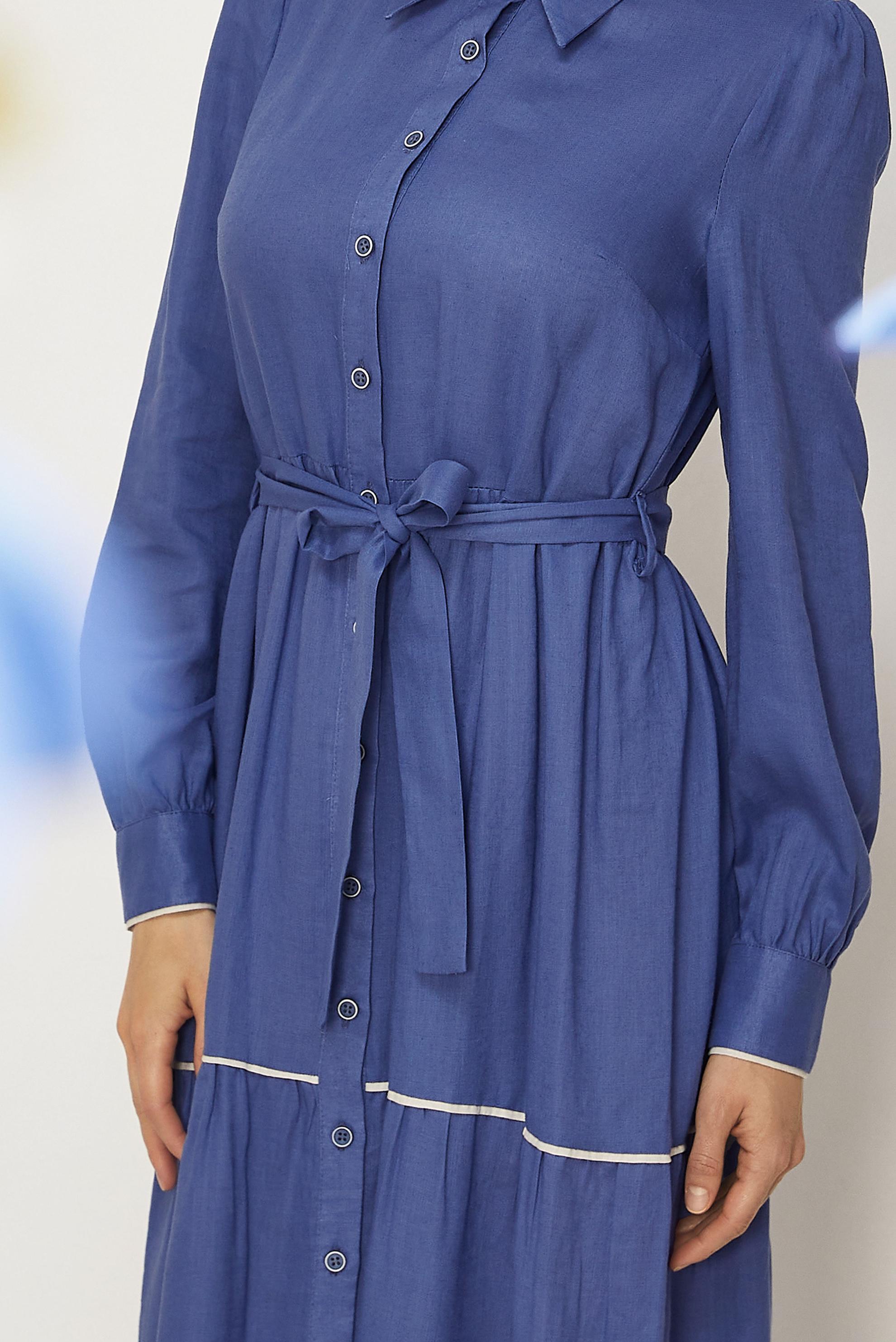 Hijab-Kleidung NAVY BLAU HEMDKRAGEN-KLEID MIT GÜRTEL 46461