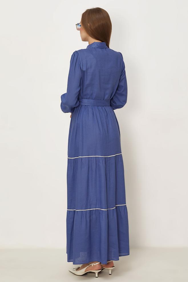 Hijab-Kleidung NAVY BLAU HEMDKRAGEN-KLEID MIT GÜRTEL 46461 - ALVİNA