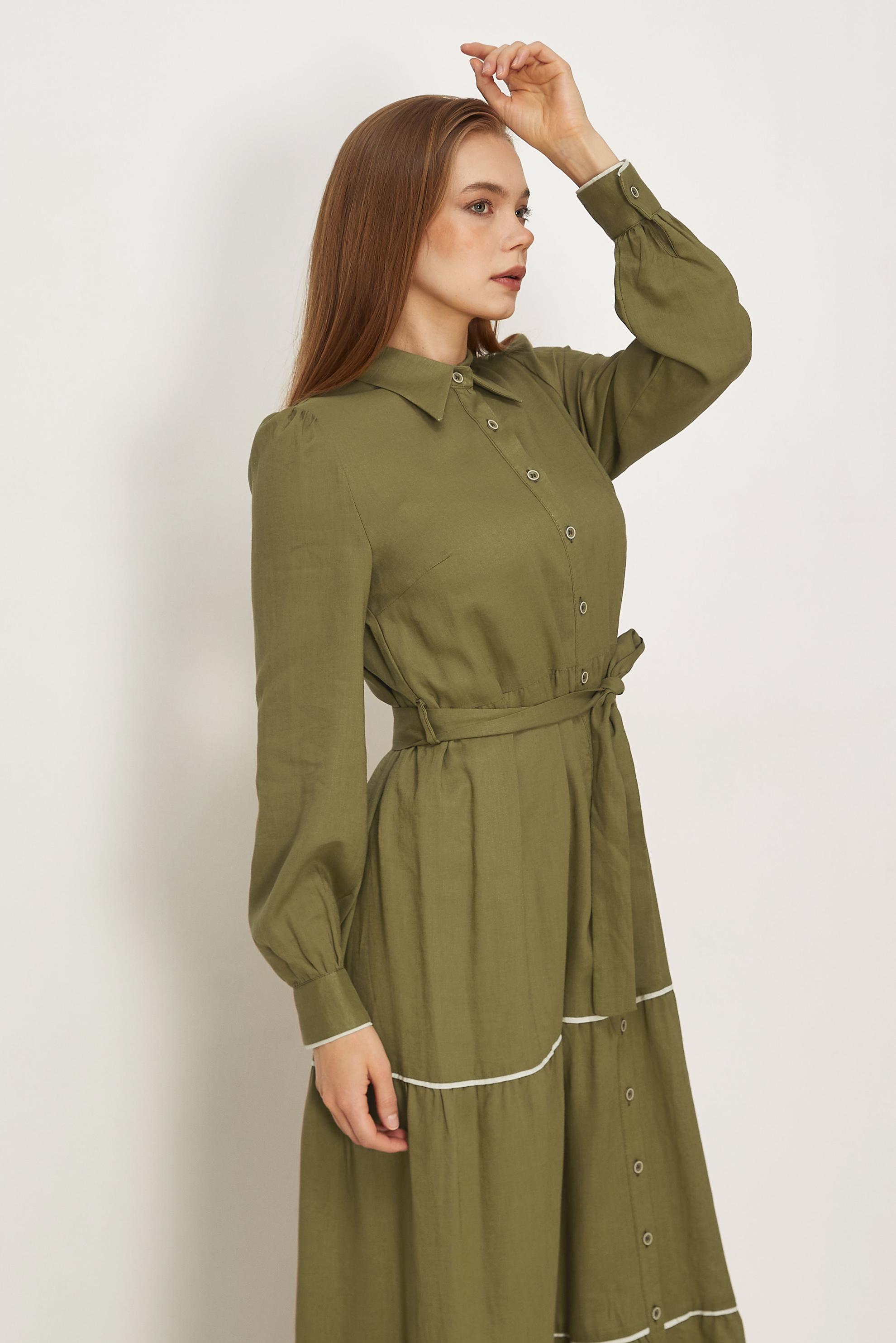 Hijab-Kleidung GRÜN HEMDKRAGEN-KLEID MIT GÜRTEL 46461