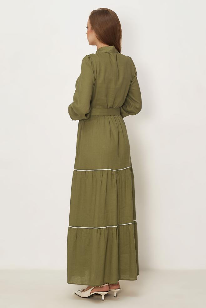 Hijab-Kleidung GRÜN HEMDKRAGEN-KLEID MIT GÜRTEL 46461 - ALVİNA