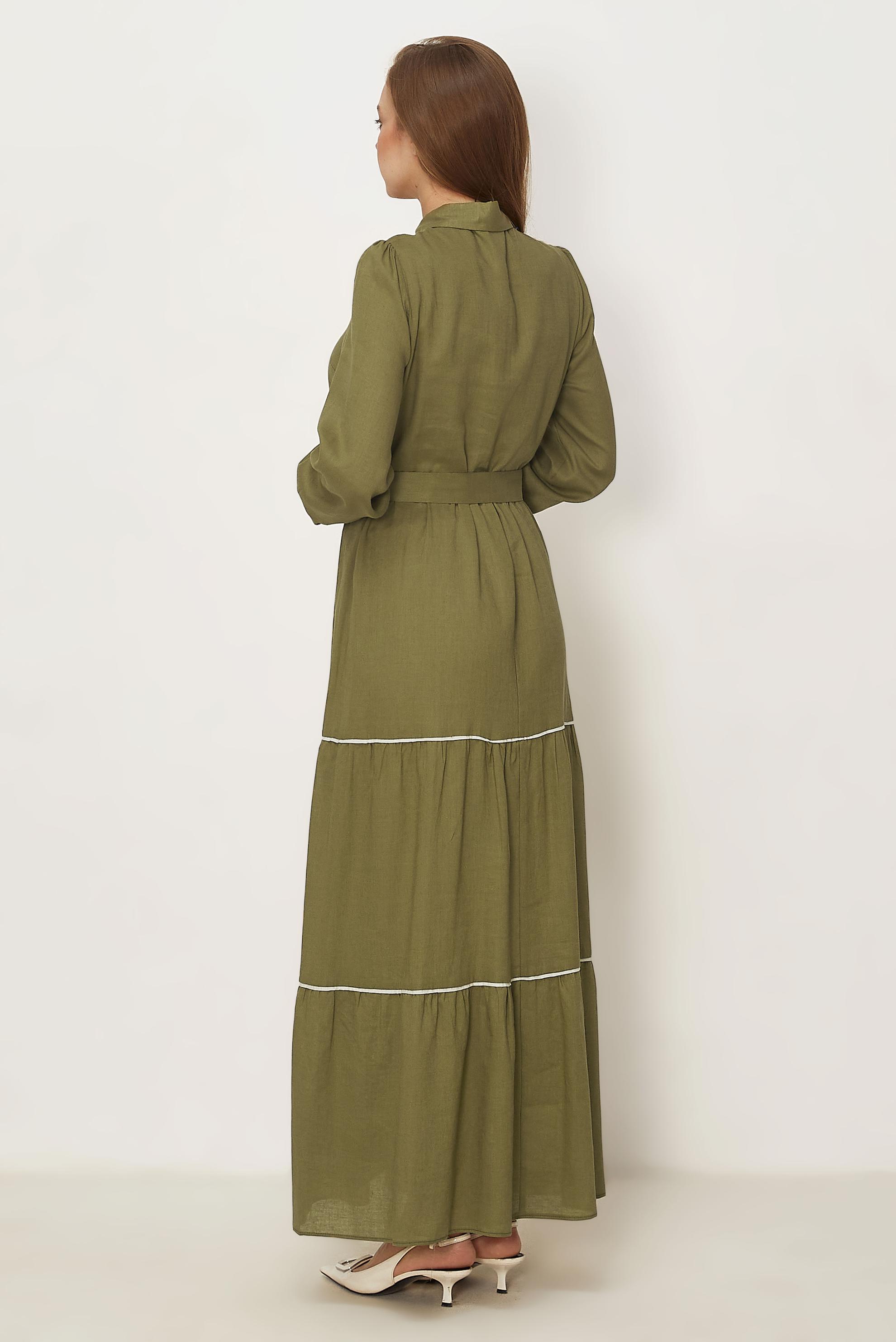 Hijab-Kleidung GRÜN HEMDKRAGEN-KLEID MIT GÜRTEL 46461