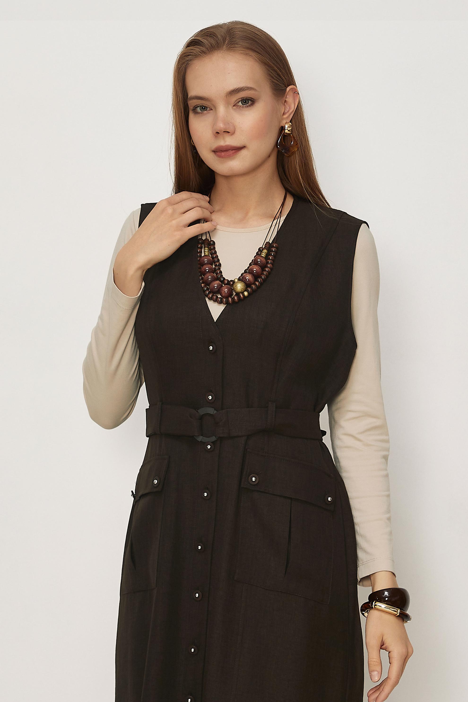 Tesettür giyim KAHVE KEMERLİ KETEN EFETLİ JİLE ELBİSE 46462