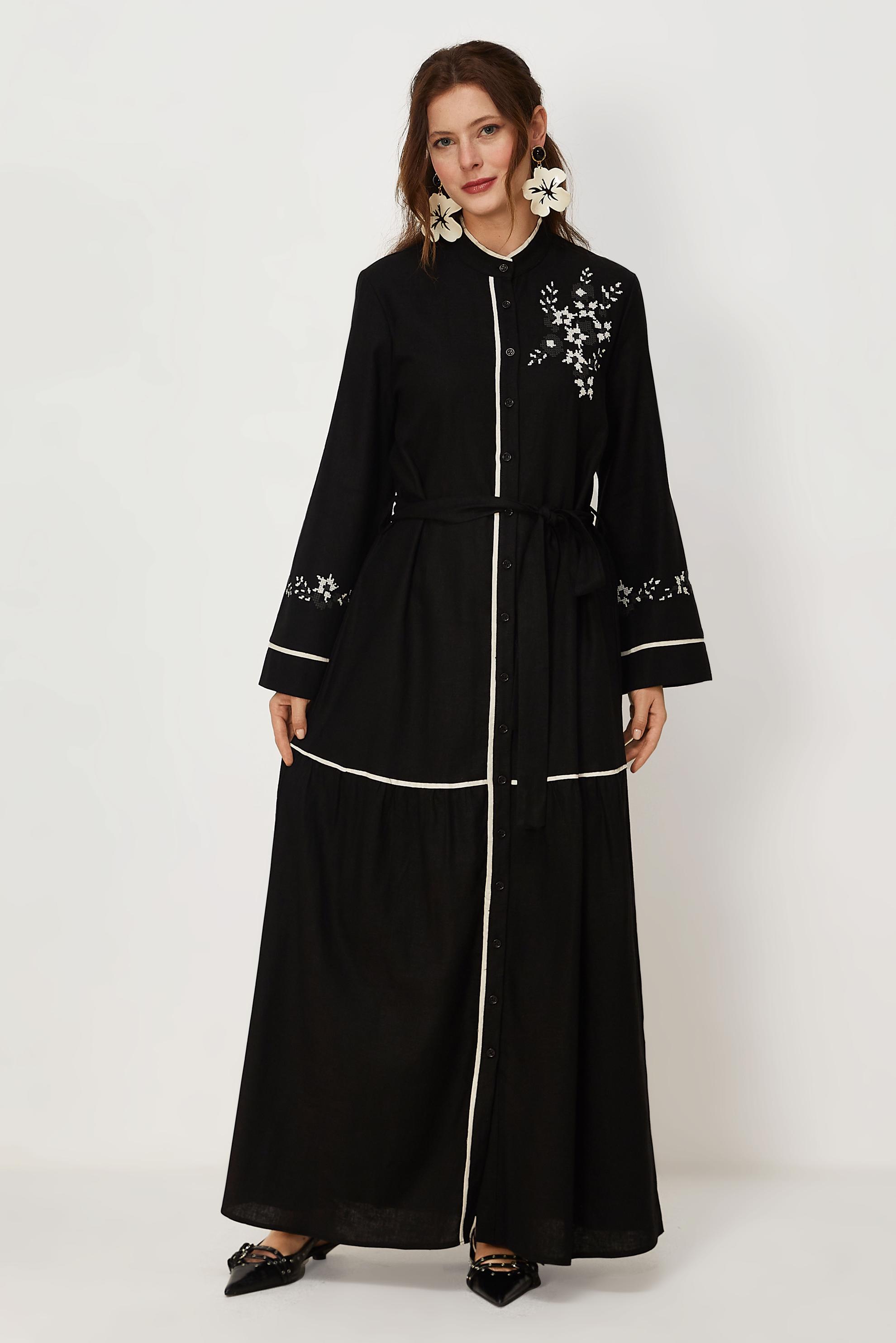 Hijab clothing BLACK BELTED EMBROIDERED LINEN DRESS 46481