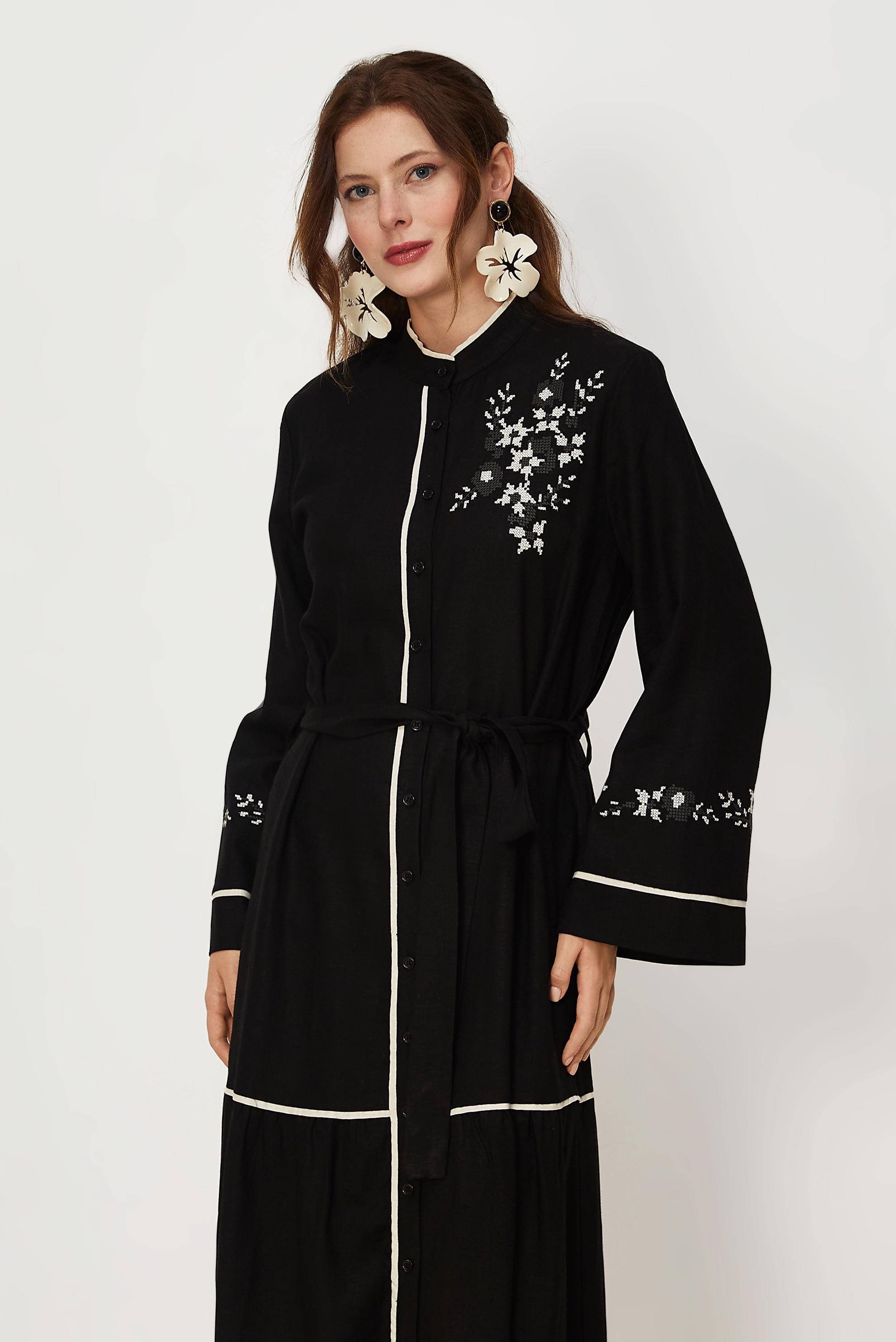 Hijab clothing BLACK BELTED EMBROIDERED LINEN DRESS 46481