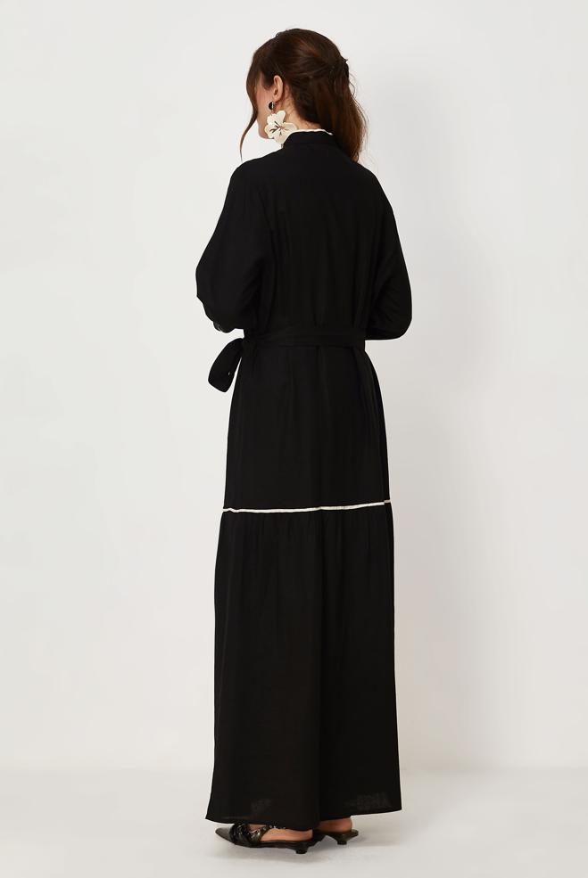 Hijab clothing BLACK BELTED EMBROIDERED LINEN DRESS 46481 - ALVİNA