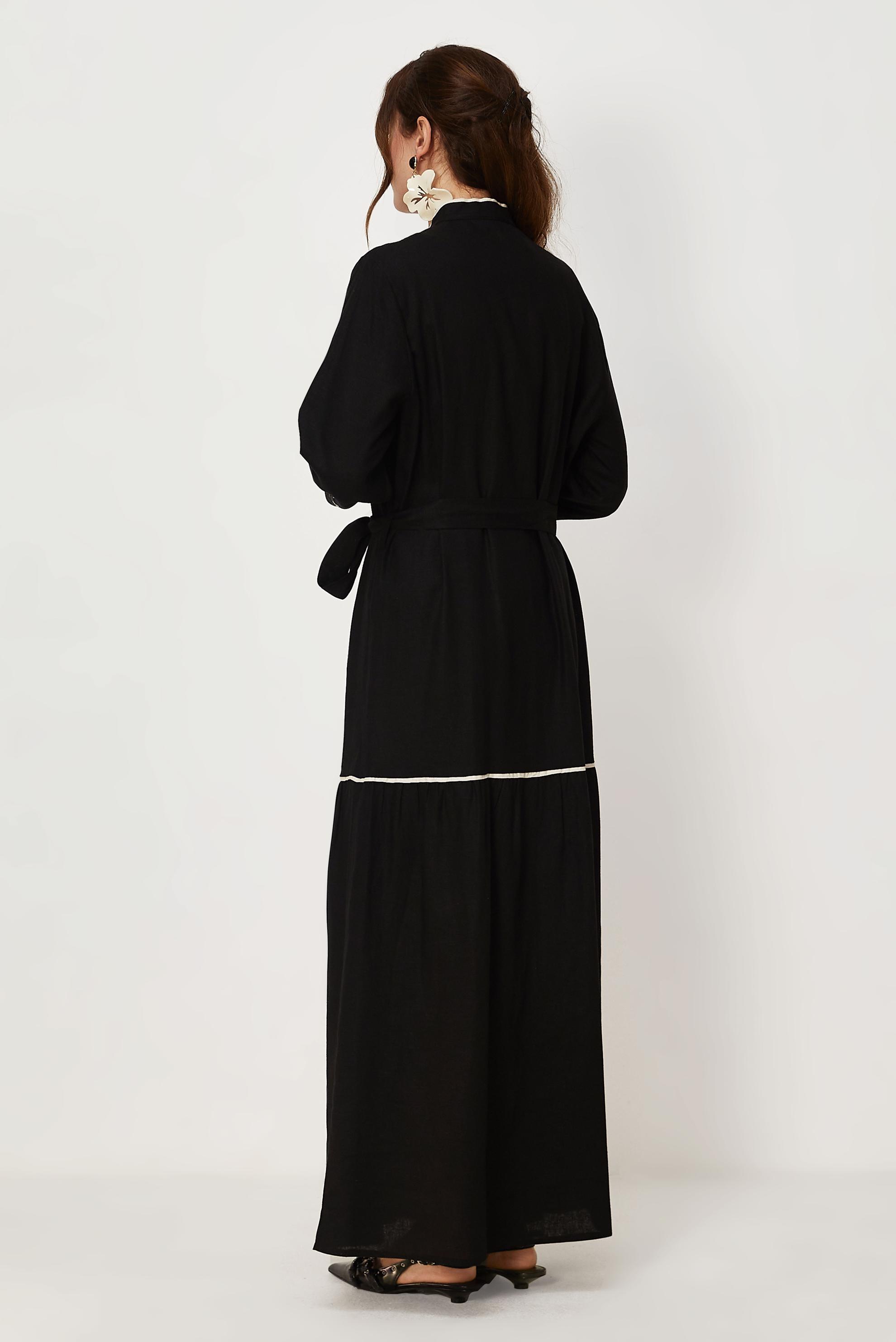 Hijab clothing BLACK BELTED EMBROIDERED LINEN DRESS 46481