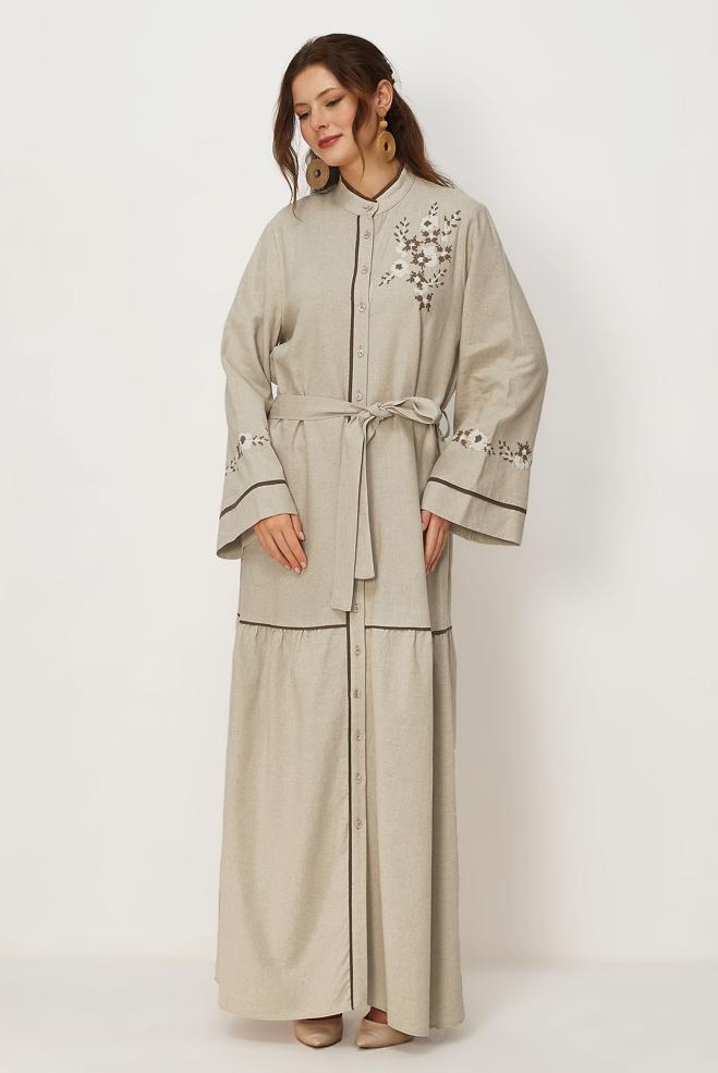 Hijab clothing BEIGE BELTED EMBROIDERED LINEN DRESS 46481 - ALVİNA