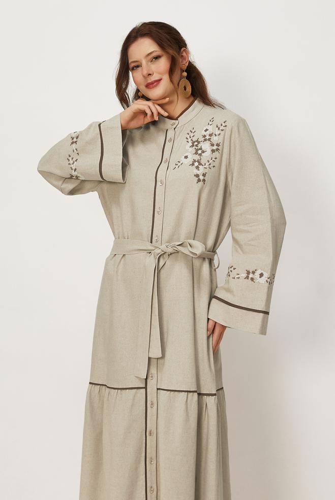 Hijab clothing BEIGE BELTED EMBROIDERED LINEN DRESS 46481 - ALVİNA