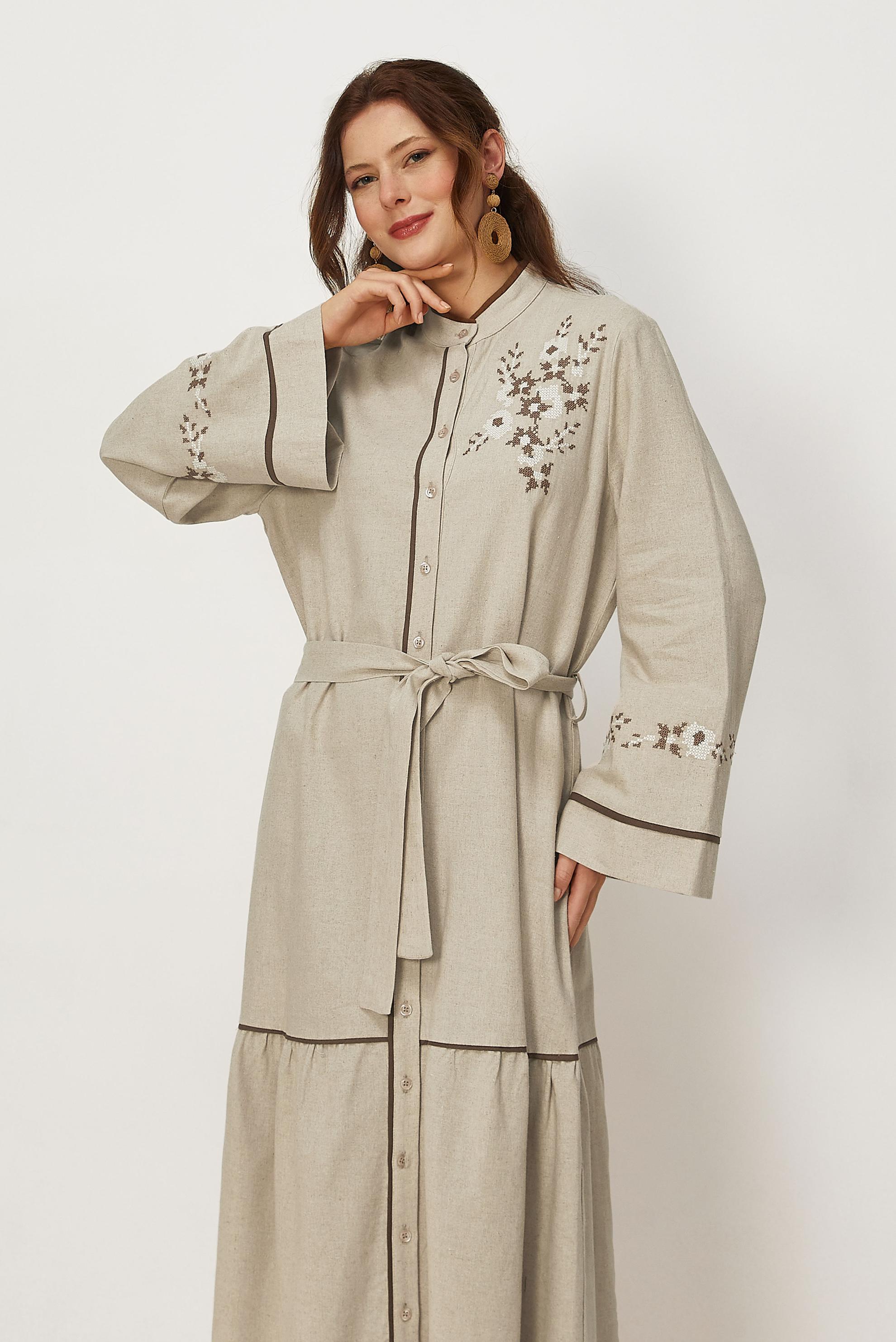 Hijab clothing BEIGE BELTED EMBROIDERED LINEN DRESS 46481
