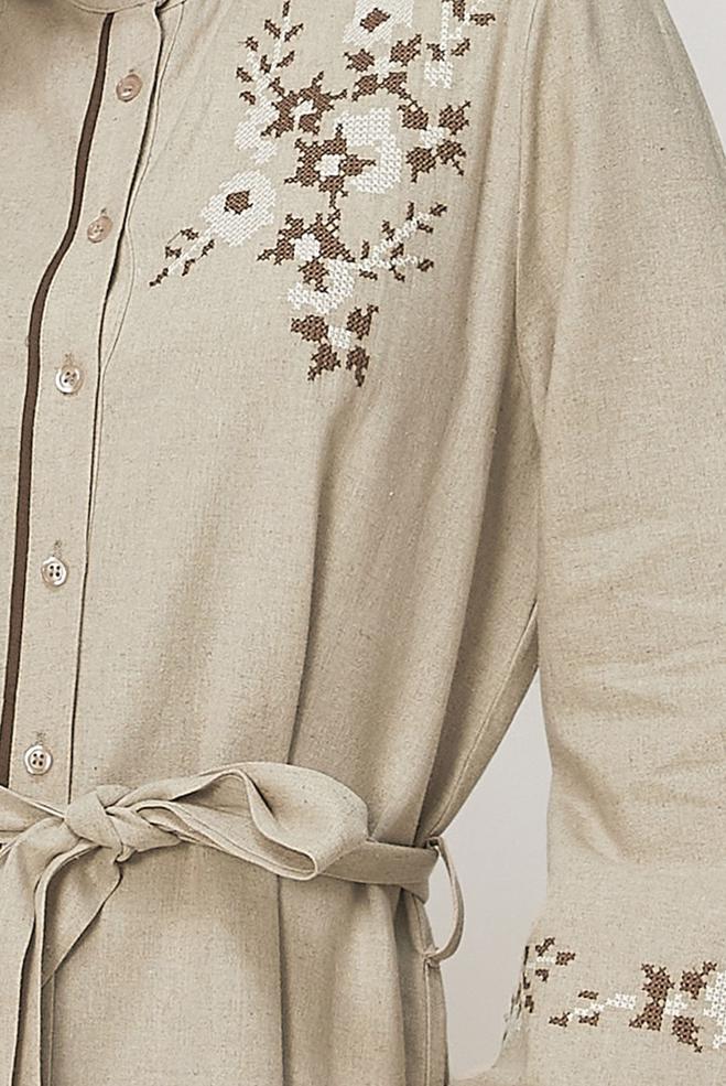 Hijab clothing BEIGE BELTED EMBROIDERED LINEN DRESS 46481 - ALVİNA