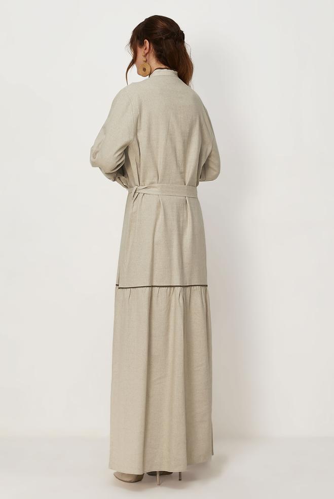 Hijab clothing BEIGE BELTED EMBROIDERED LINEN DRESS 46481 - ALVİNA
