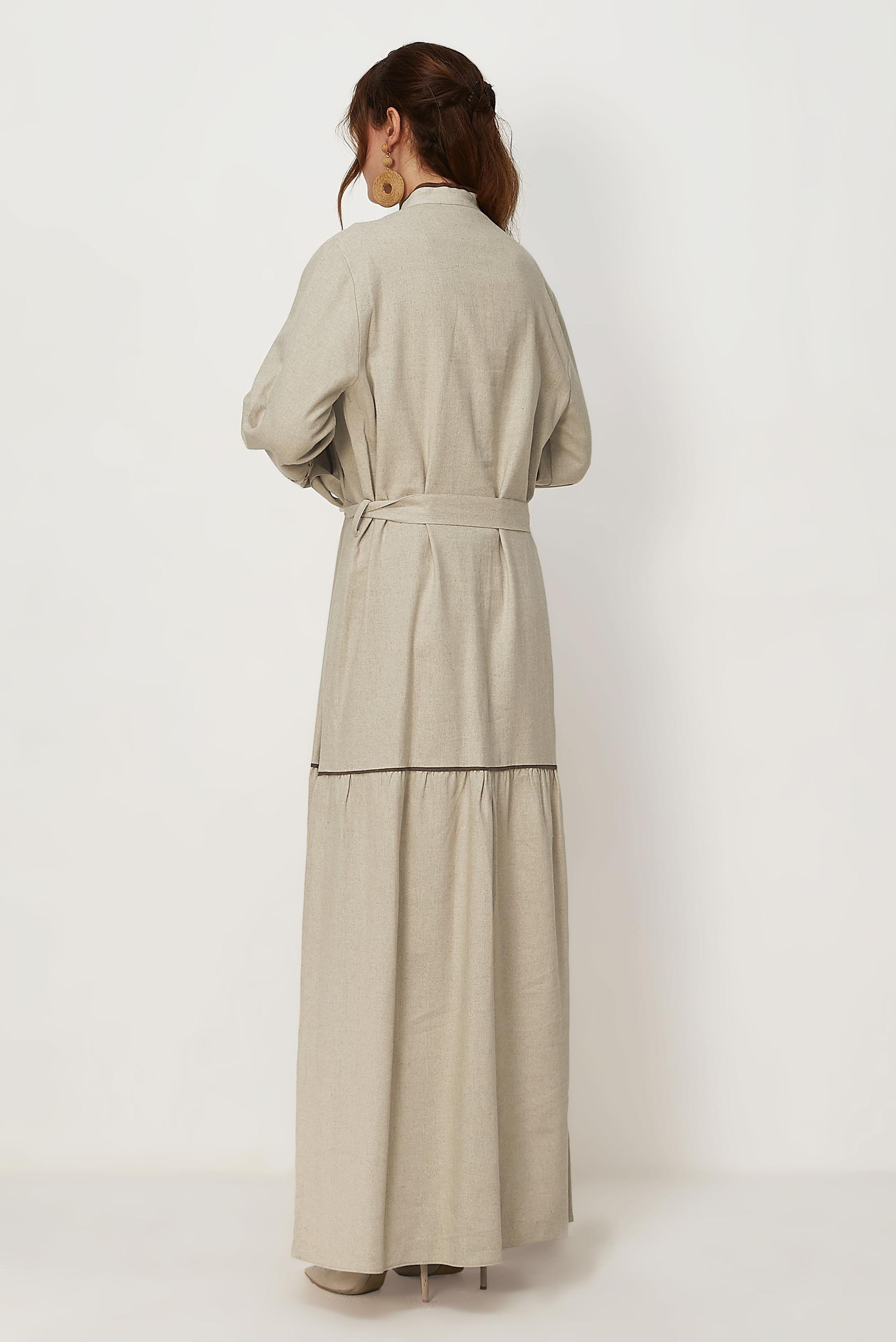 Hijab clothing BEIGE BELTED EMBROIDERED LINEN DRESS 46481