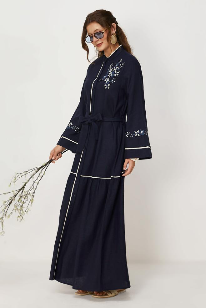Hijab clothing NAVY BLUE BELTED EMBROIDERED LINEN DRESS 46481 - ALVİNA