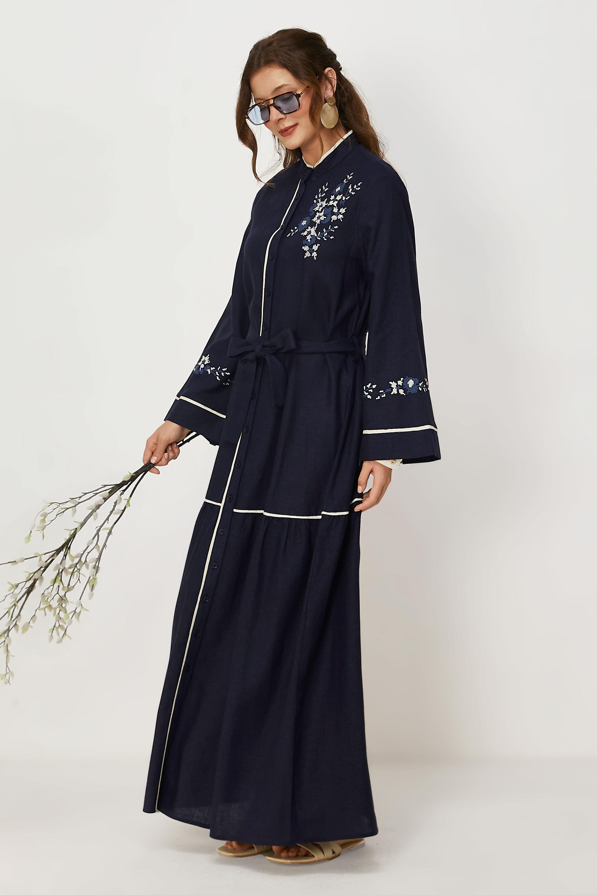 Hijab clothing NAVY BLUE BELTED EMBROIDERED LINEN DRESS 46481