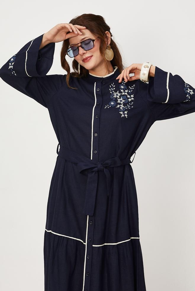 Hijab clothing NAVY BLUE BELTED EMBROIDERED LINEN DRESS 46481 - ALVİNA