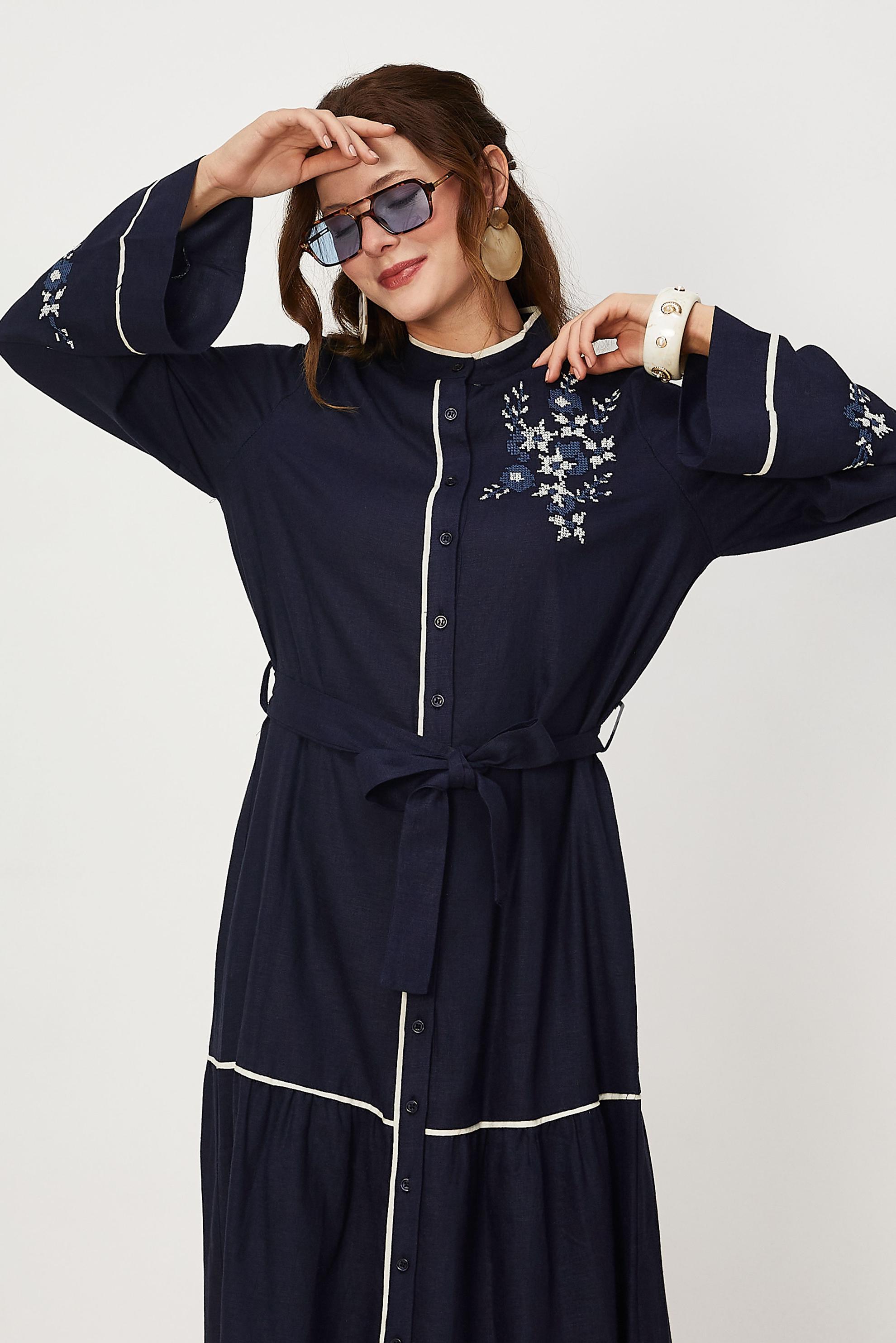 Hijab clothing NAVY BLUE BELTED EMBROIDERED LINEN DRESS 46481