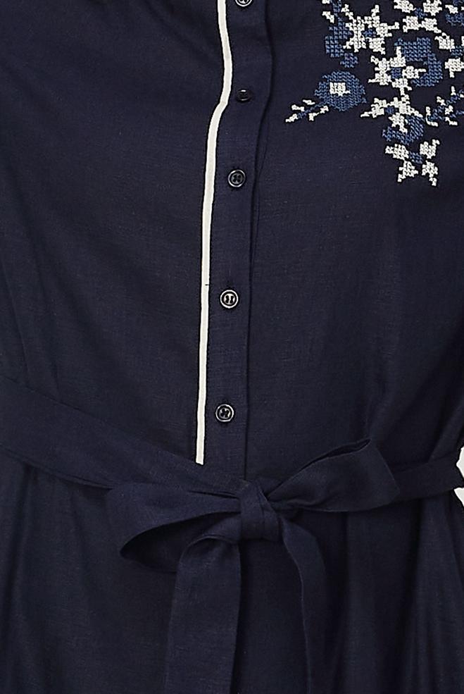 Hijab clothing NAVY BLUE BELTED EMBROIDERED LINEN DRESS 46481 - ALVİNA