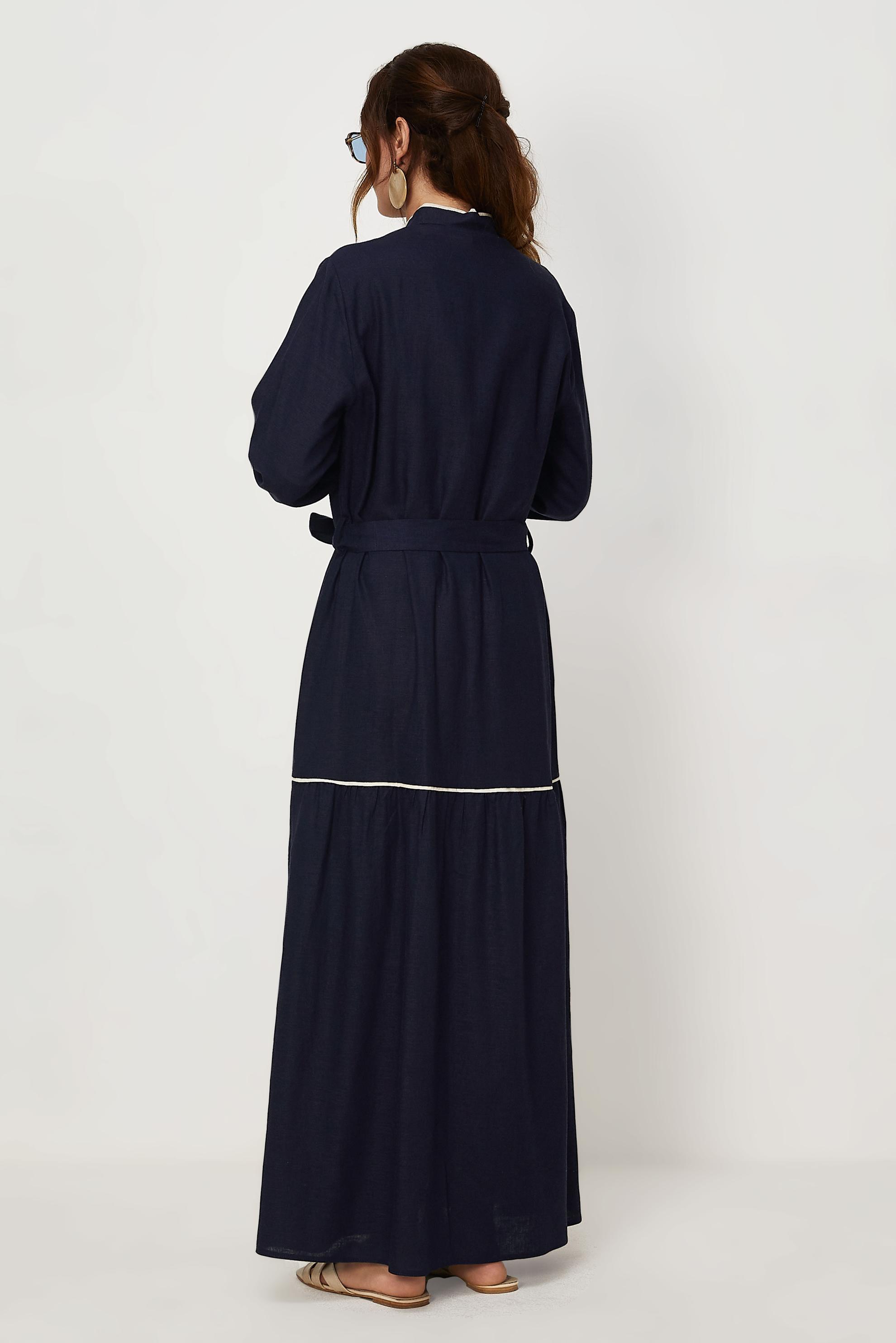 Hijab clothing NAVY BLUE BELTED EMBROIDERED LINEN DRESS 46481