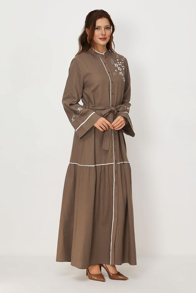 Hijab clothing MINK BELTED EMBROIDERED LINEN DRESS 46481 - ALVİNA