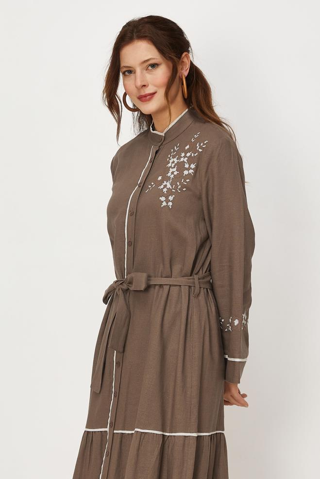 Hijab clothing MINK BELTED EMBROIDERED LINEN DRESS 46481 - ALVİNA