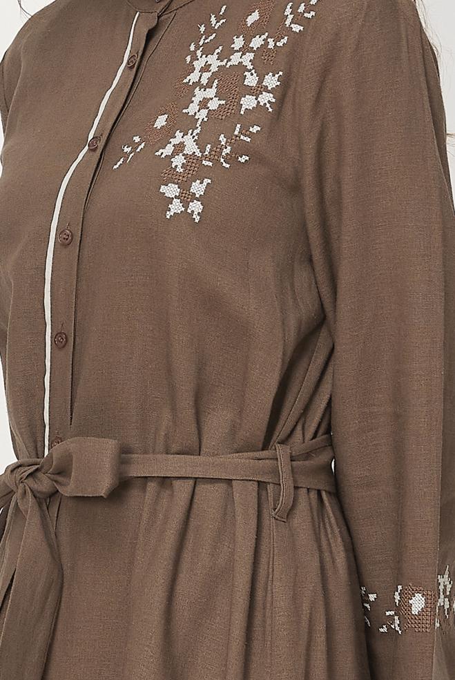 Hijab clothing MINK BELTED EMBROIDERED LINEN DRESS 46481 - ALVİNA
