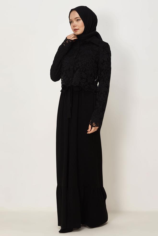 Hijab clothing BLACK BELTED DRESS SUIT 46482 - ALVİNA