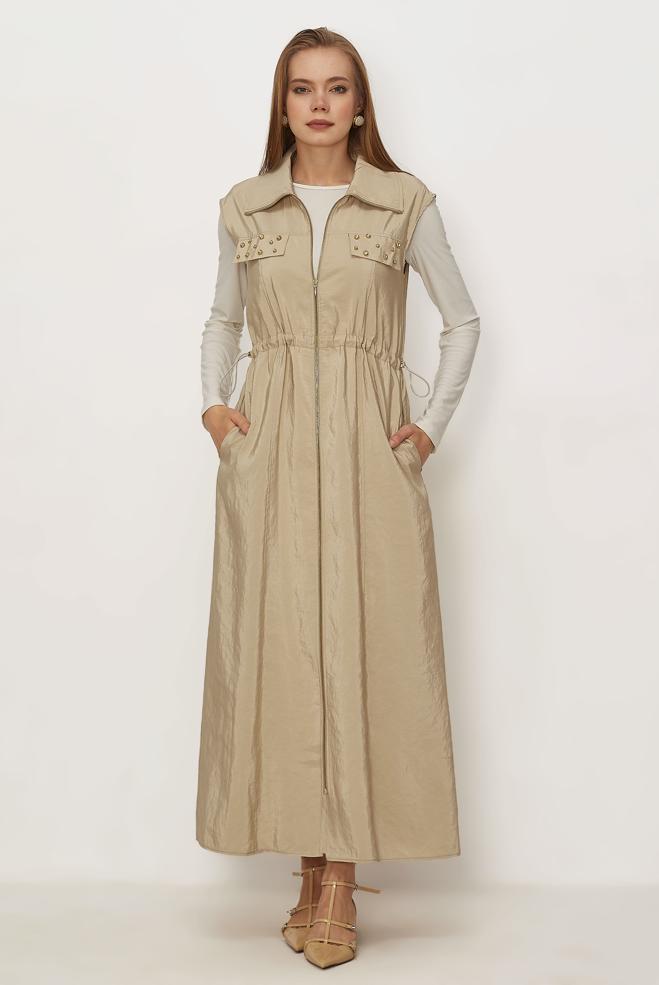 Hijab clothing BEIGE PARACHUTE FABRIC PINAFORE DRESS 46490 - ALVİNA