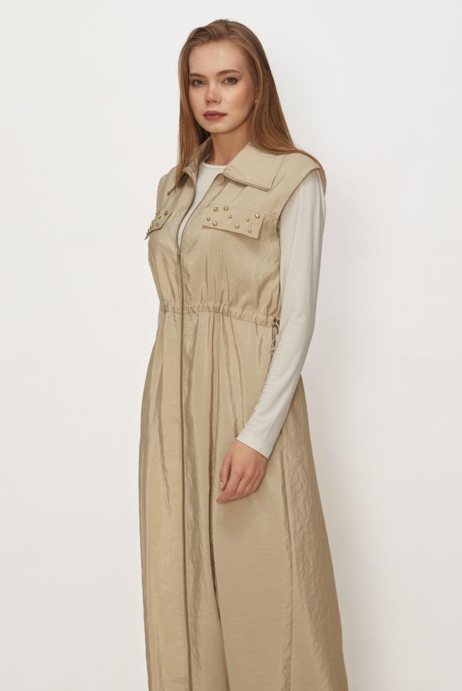 Hijab clothing BEIGE PARACHUTE FABRIC PINAFORE DRESS 46490 - ALVİNA