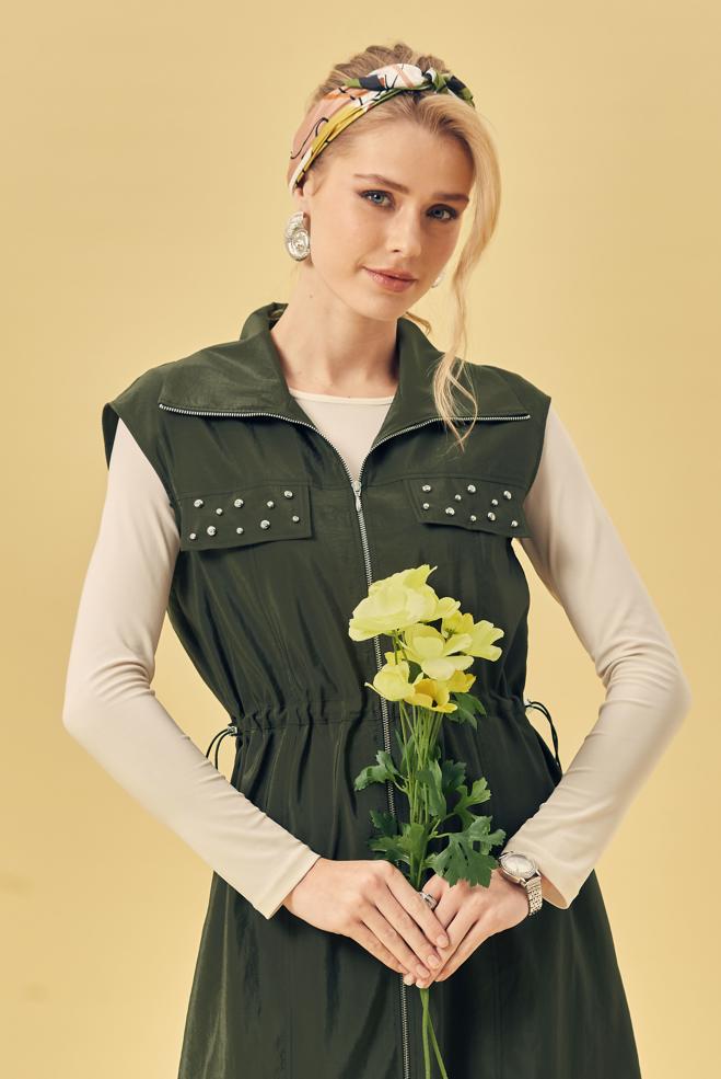 Hijab clothing KHAKI PARACHUTE FABRIC PINAFORE DRESS 46490 - ALVİNA