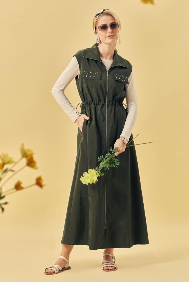 Hijab clothing KHAKI PARACHUTE FABRIC PINAFORE DRESS 46490 - ALVİNA