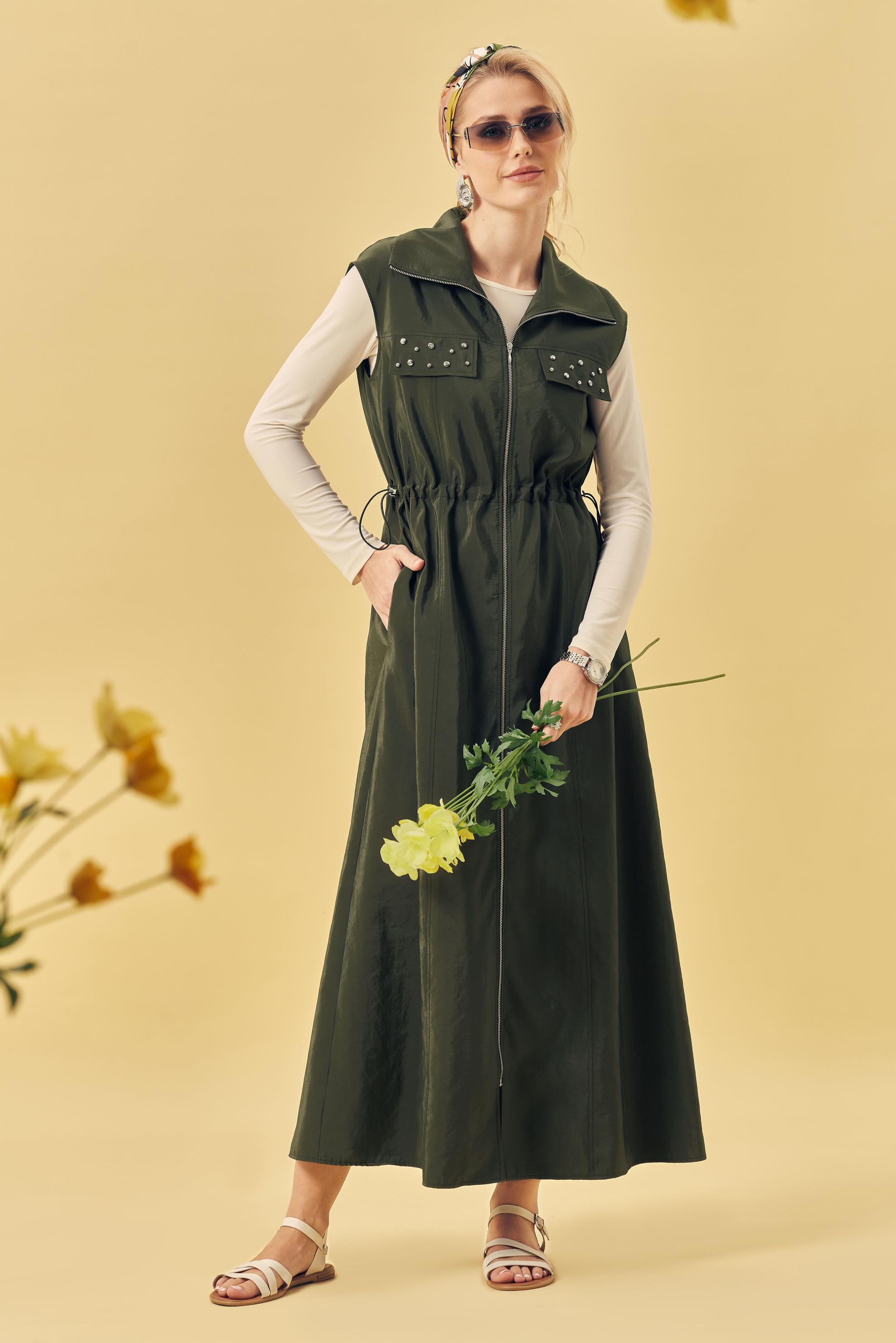 Hijab clothing KHAKI PARACHUTE FABRIC PINAFORE DRESS 46490