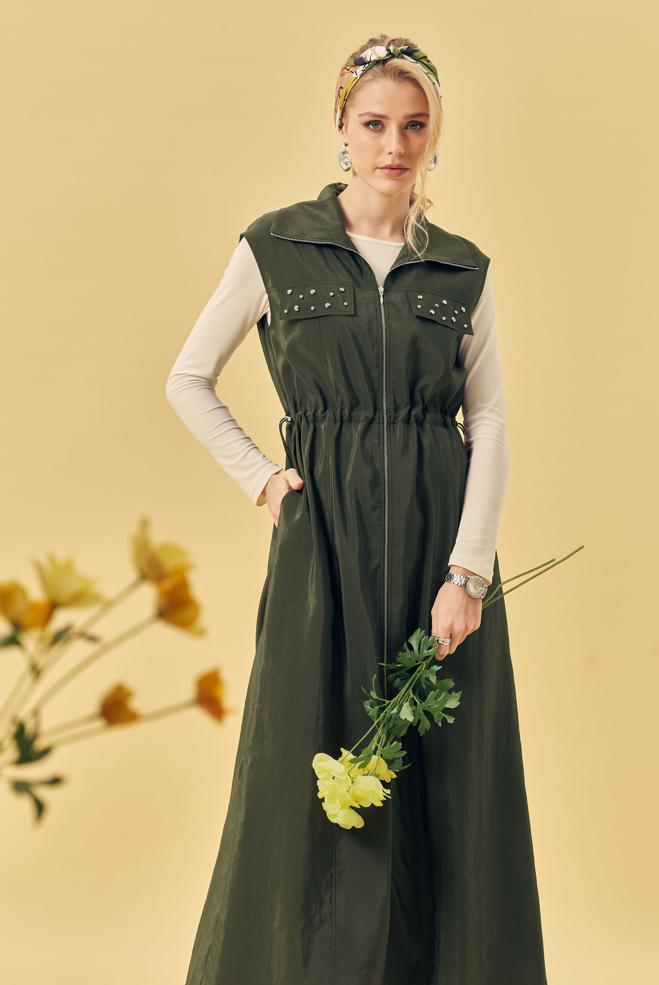 Hijab clothing KHAKI PARACHUTE FABRIC PINAFORE DRESS 46490 - ALVİNA