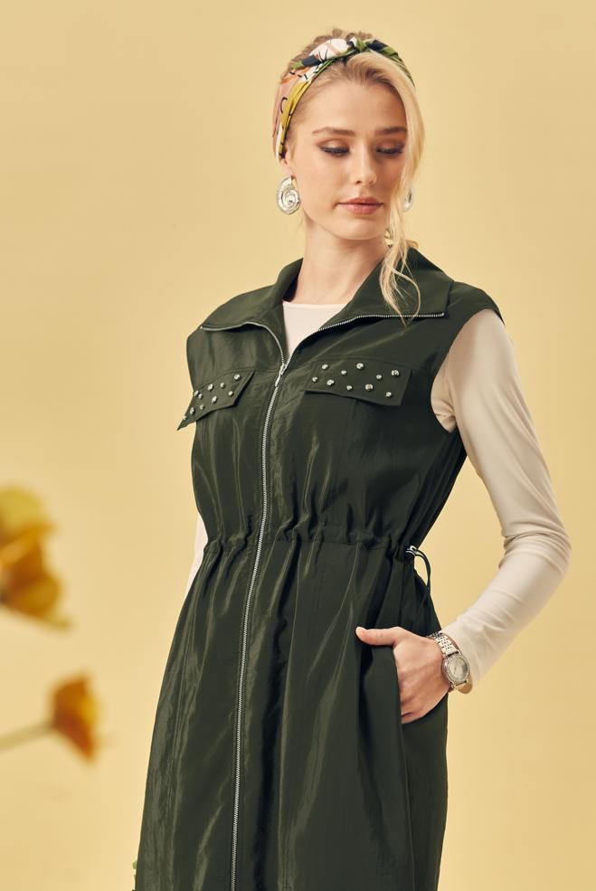 Hijab clothing KHAKI PARACHUTE FABRIC PINAFORE DRESS 46490 - ALVİNA