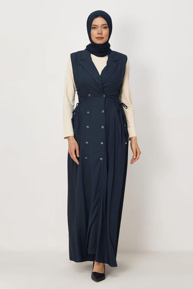 Hijab clothing NAVY BLUE LINEN PINAFORE DRESS 46493 - ALVİNA