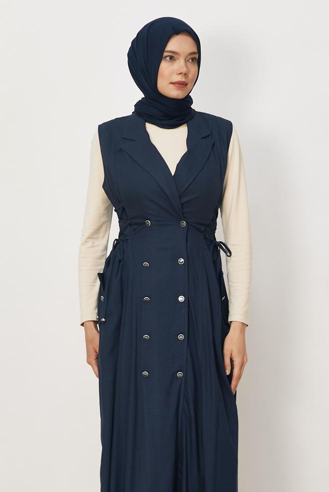 Hijab clothing NAVY BLUE LINEN PINAFORE DRESS 46493 - ALVİNA