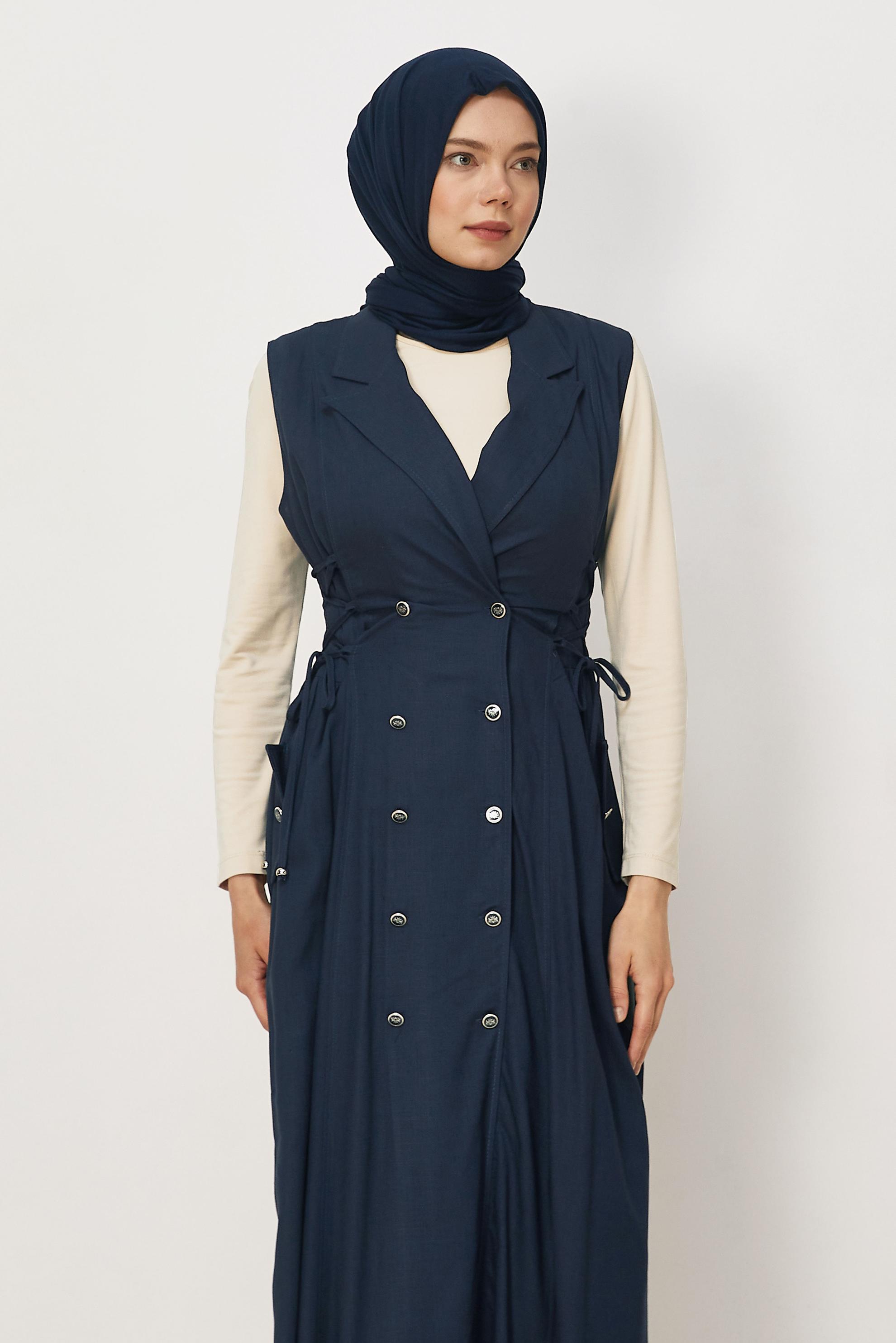 Hijab clothing NAVY BLUE LINEN PINAFORE DRESS 46493