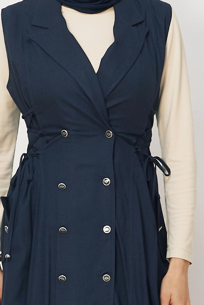 Hijab clothing NAVY BLUE LINEN PINAFORE DRESS 46493 - ALVİNA
