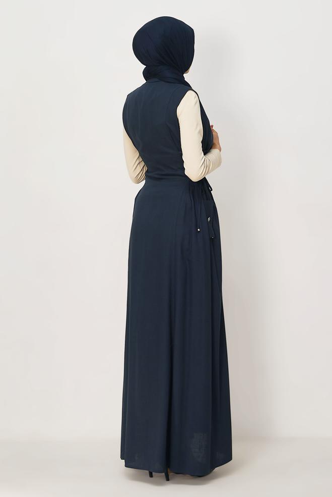Hijab clothing NAVY BLUE LINEN PINAFORE DRESS 46493 - ALVİNA
