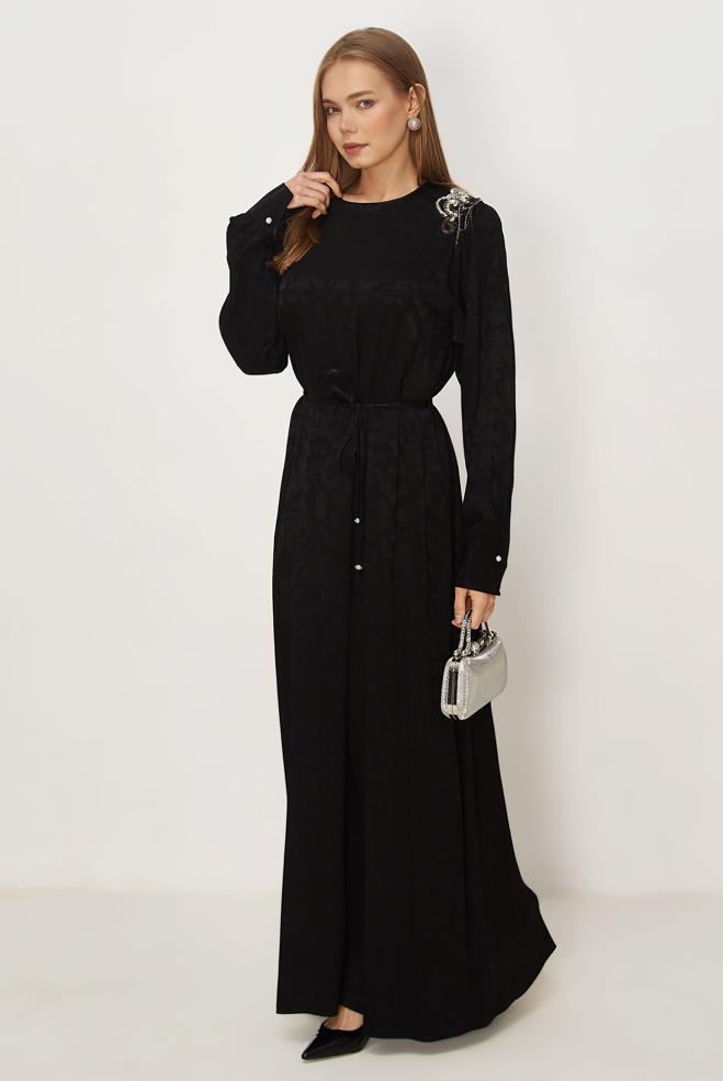 Hijab clothing BLACK BELTED JACQUARD DRESS 46509 - ALVİNA