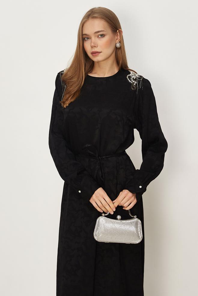 Hijab clothing BLACK BELTED JACQUARD DRESS 46509 - ALVİNA