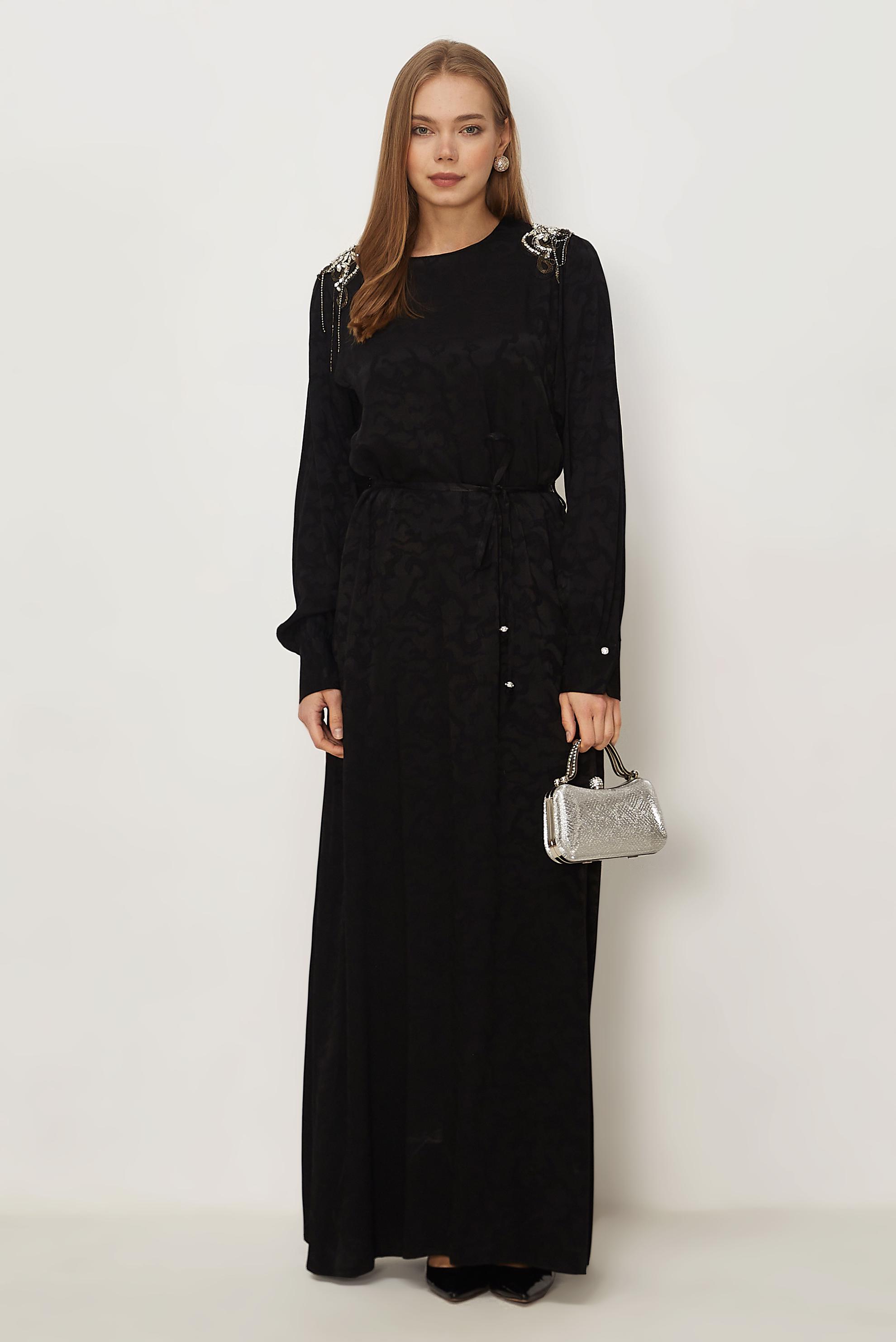 Hijab clothing BLACK BELTED JACQUARD DRESS 46509
