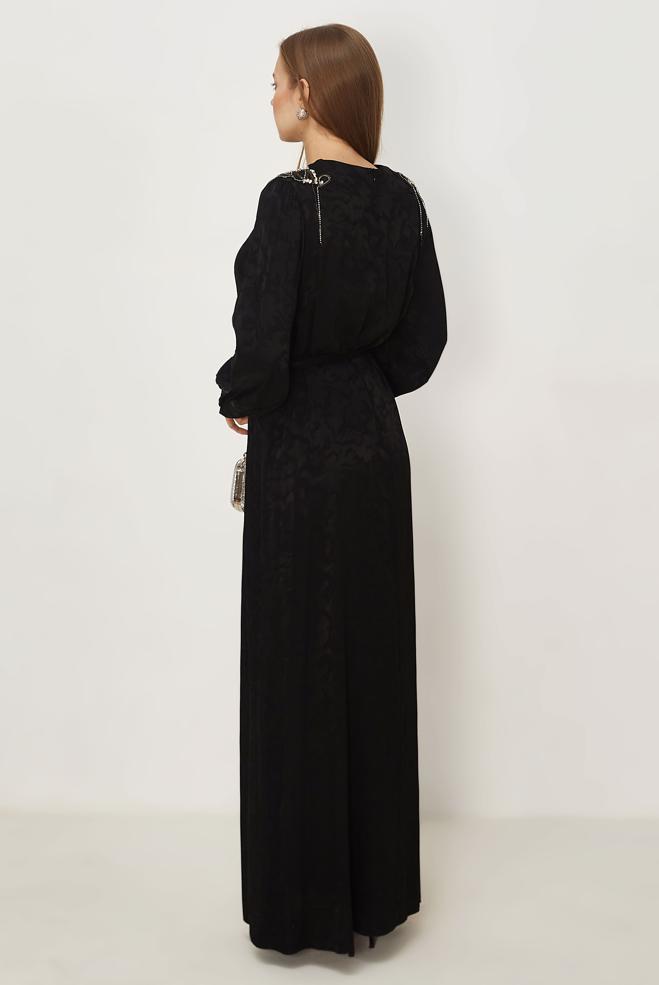 Hijab clothing BLACK BELTED JACQUARD DRESS 46509 - ALVİNA