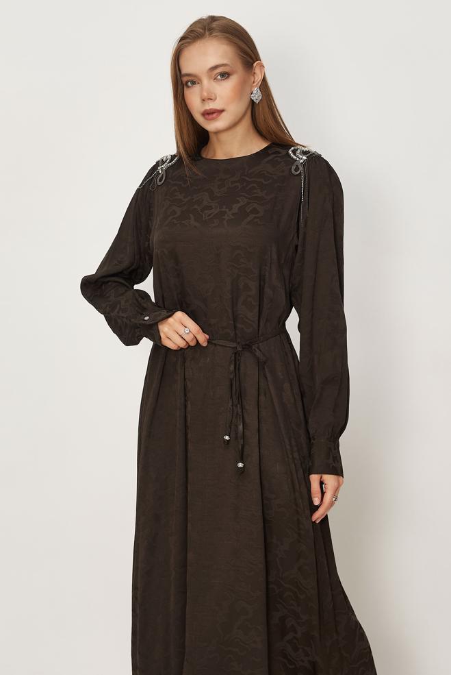 Hijab clothing BROWN BELTED JACQUARD DRESS 46509 - ALVİNA