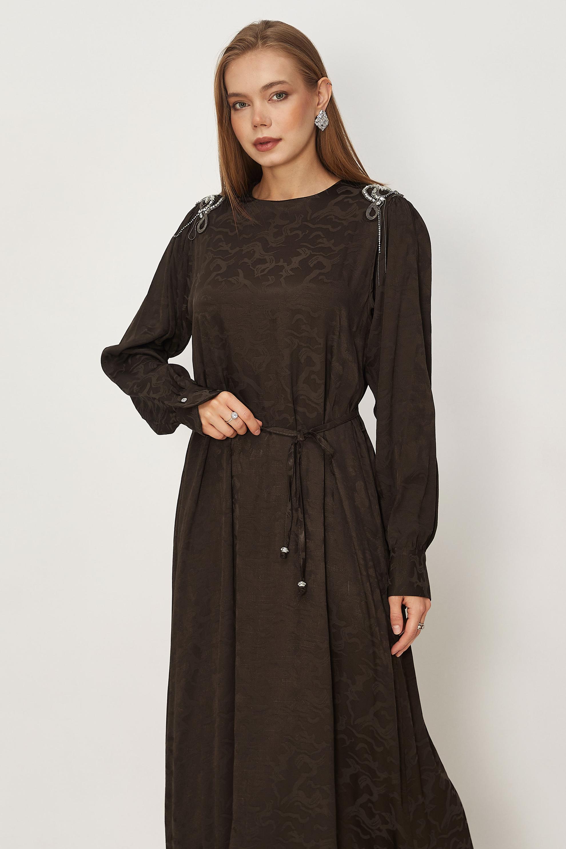 Hijab clothing BROWN BELTED JACQUARD DRESS 46509