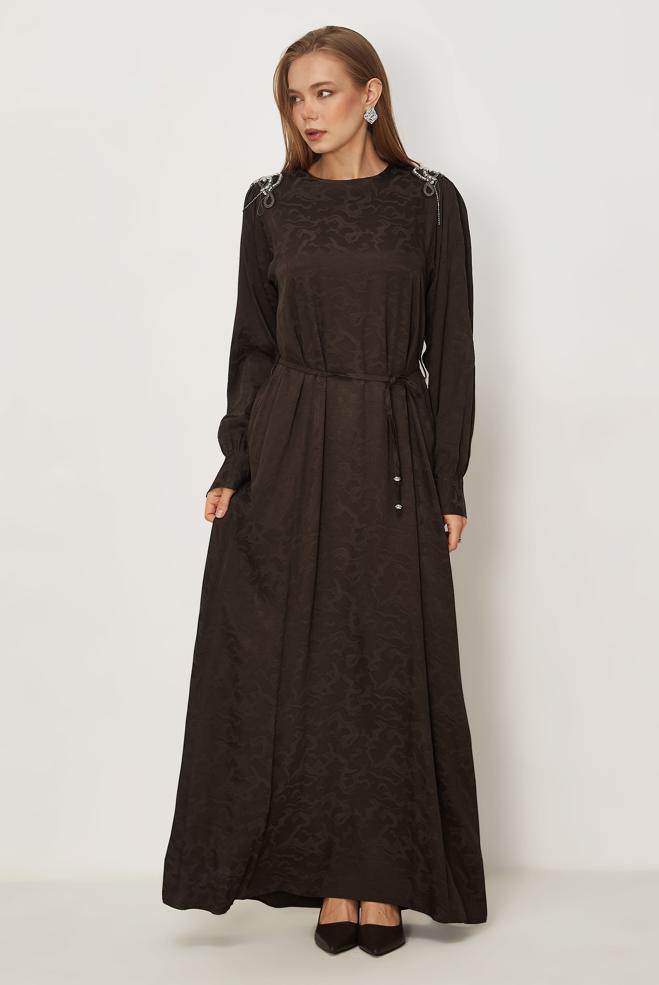 Hijab clothing BROWN BELTED JACQUARD DRESS 46509 - ALVİNA