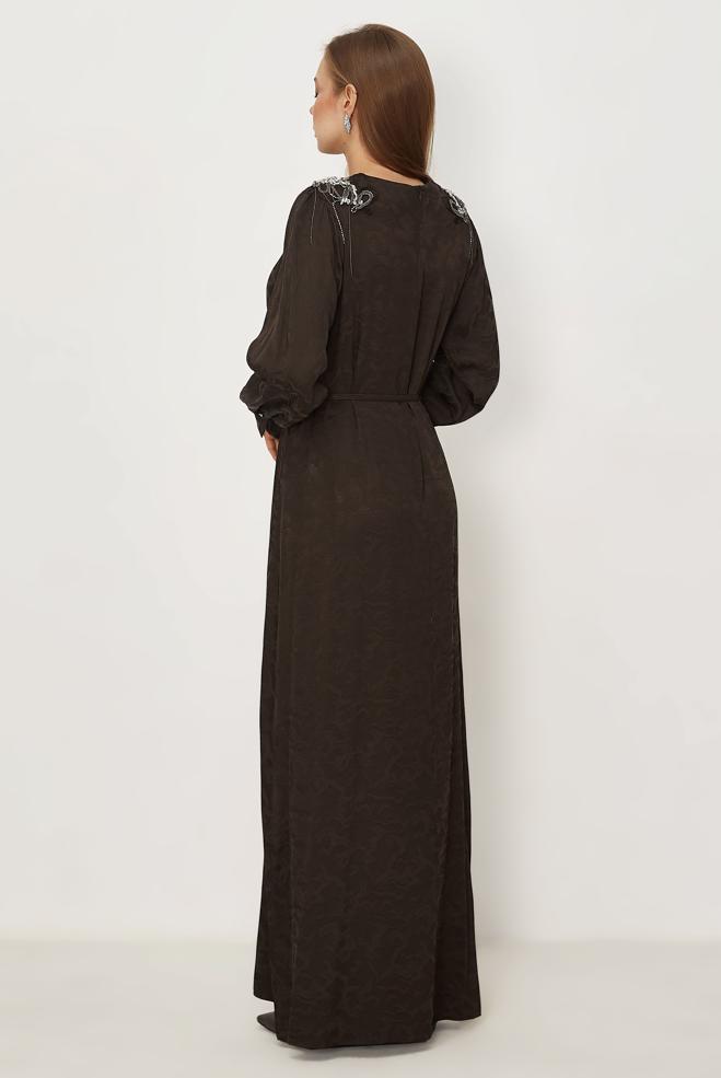 Hijab clothing BROWN BELTED JACQUARD DRESS 46509 - ALVİNA