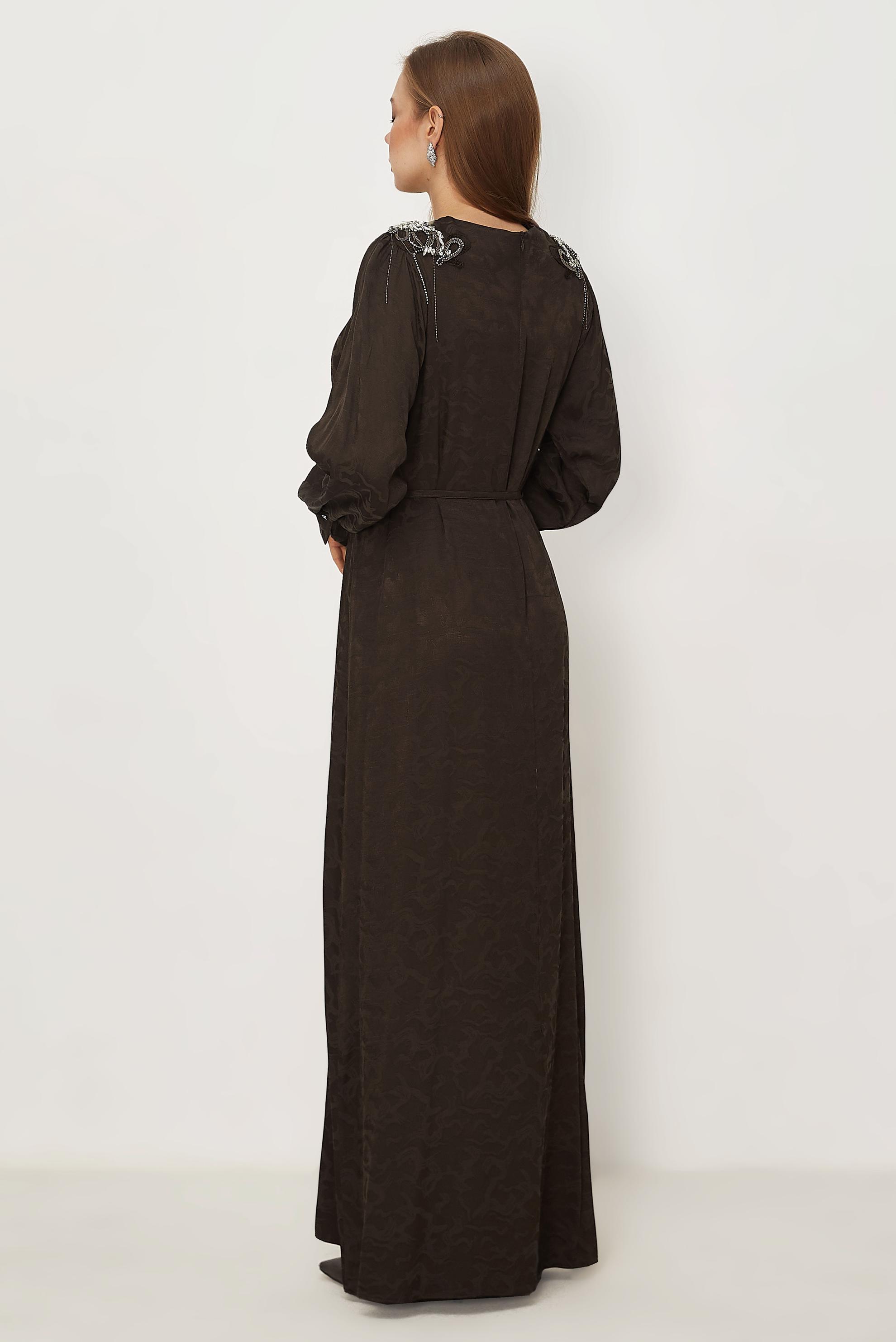 Hijab clothing BROWN BELTED JACQUARD DRESS 46509