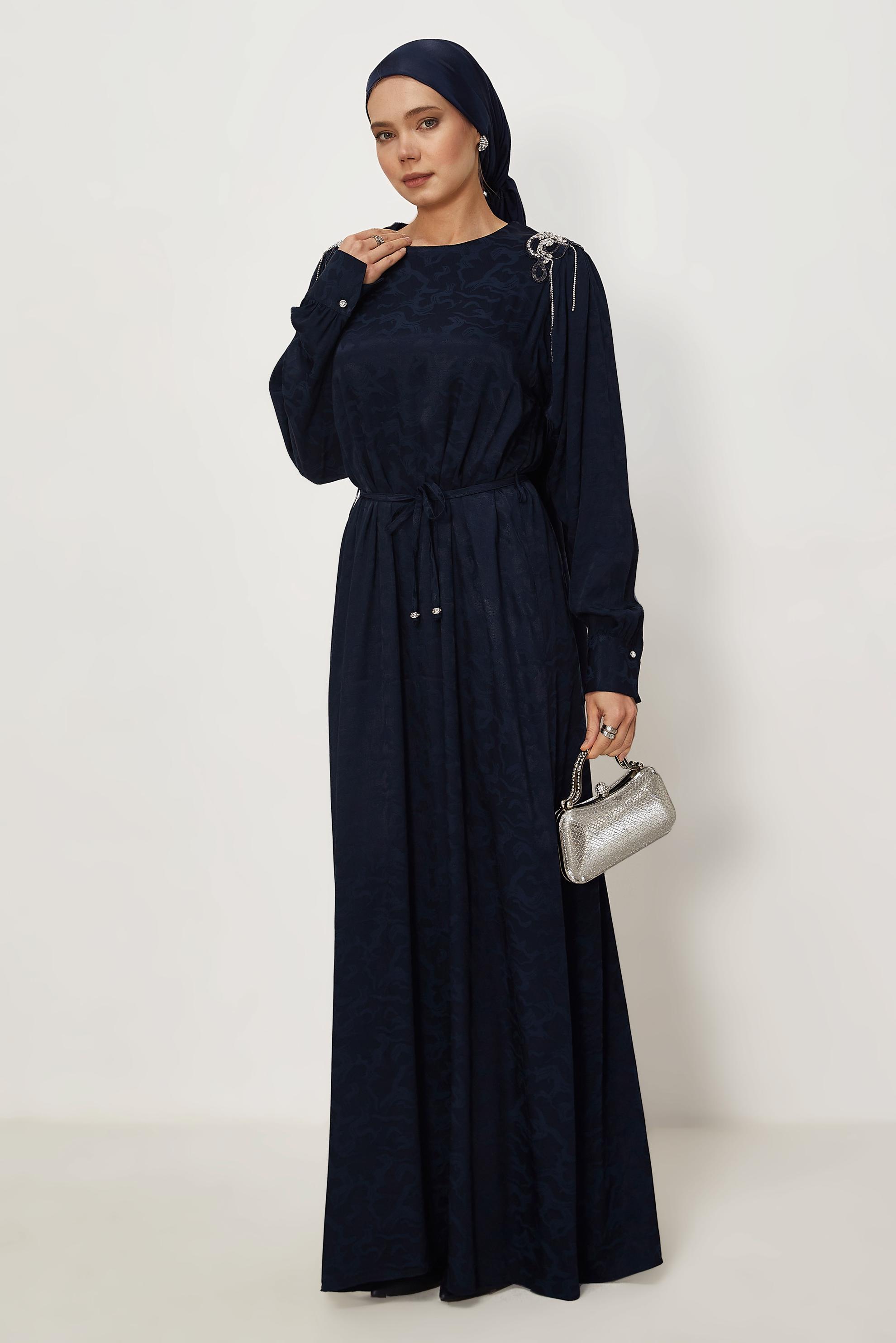 Hijab clothing NAVY BLUE BELTED JACQUARD DRESS 46509
